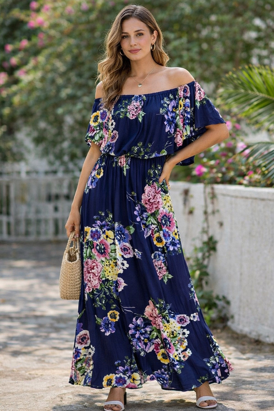 ODDY Off Shoulder Floral Maxi Dress Boho Cottagecore Navy Ruffle Stretch S
